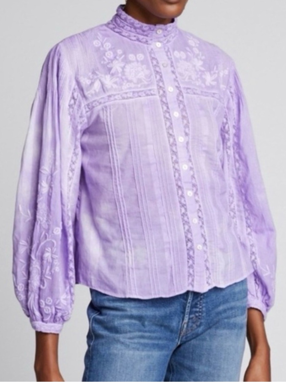 LoveShackFancy Rhonda Lavender Embroidered Button-Front Blouse
